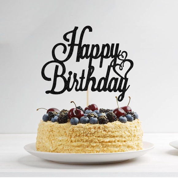 Black Glitter Happy Birthday Cake Topper, Birthday Party Decorations - Picture 1 of 5